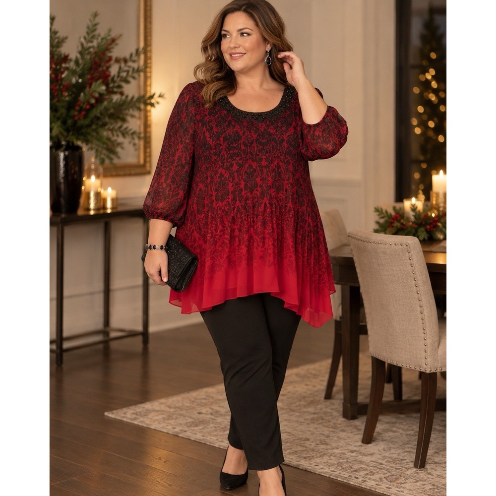 Catherines Petite 2XWP 22/24W Red Black Pleated Beaded Tunic Blouse Dressy